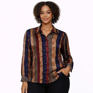 100% Silk Multicolor Button-Down Blouse | Office Wear | Size M
